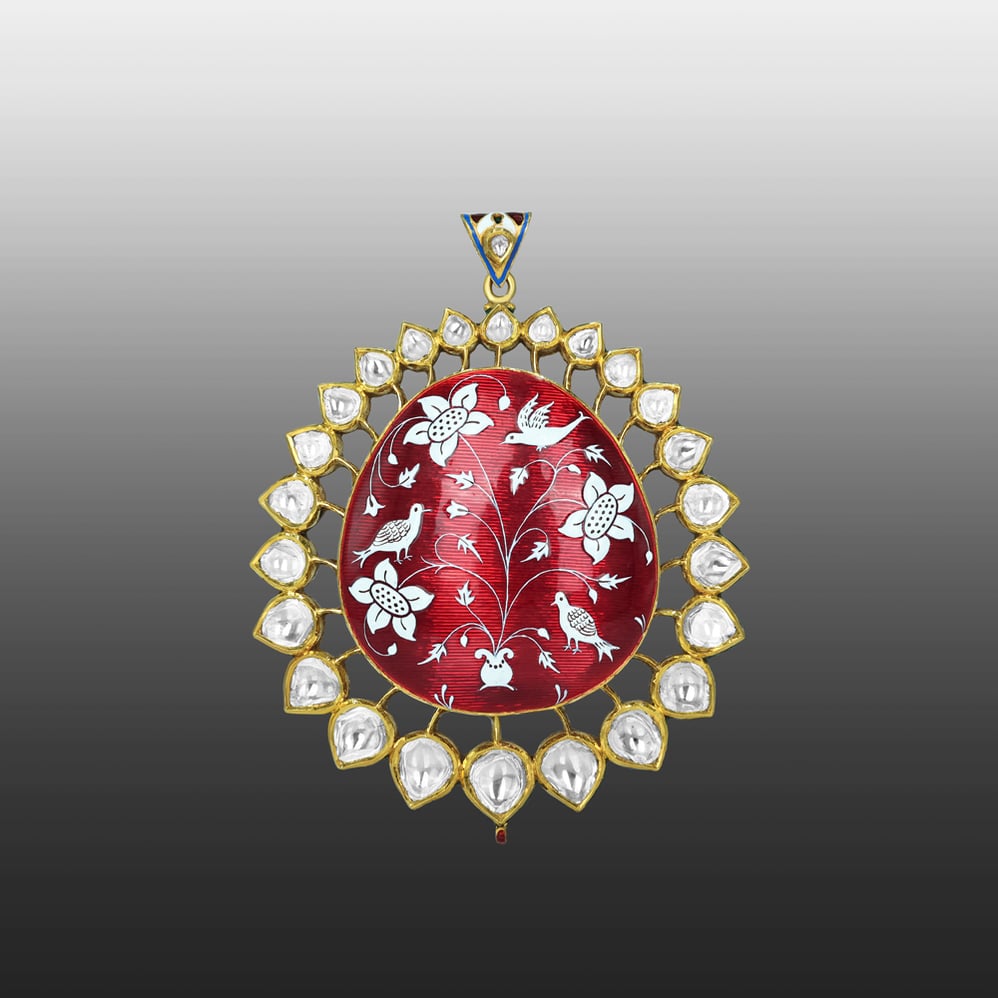 Red Enamel Pendant with Polki and Floral Bird Motifs